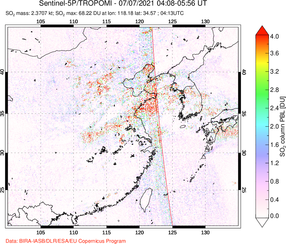 A sulfur dioxide image over Eastern China on Jul 07, 2021.