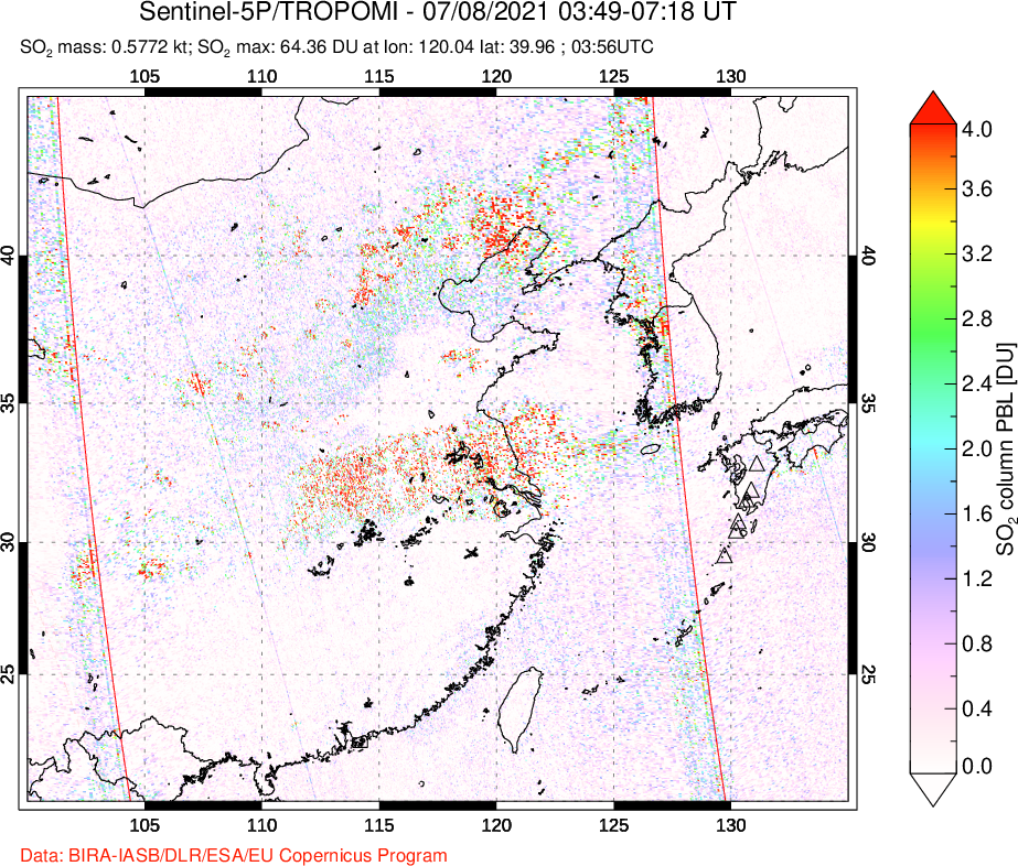 A sulfur dioxide image over Eastern China on Jul 08, 2021.