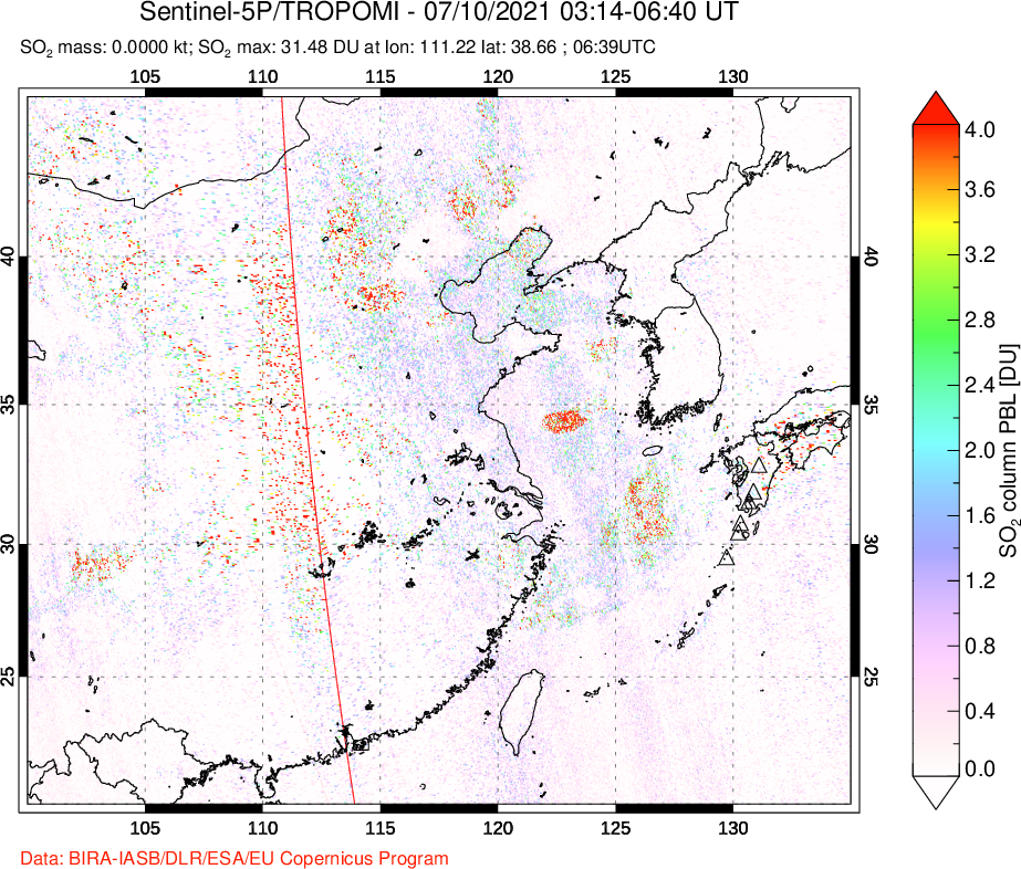 A sulfur dioxide image over Eastern China on Jul 10, 2021.
