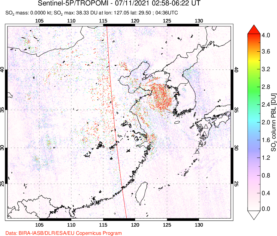 A sulfur dioxide image over Eastern China on Jul 11, 2021.