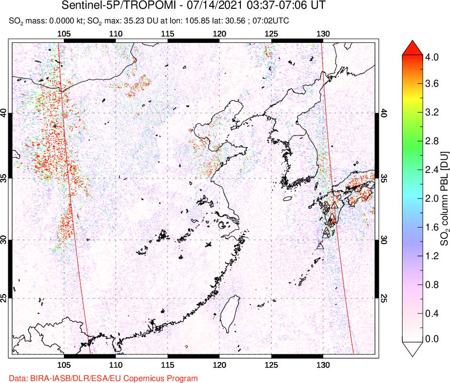 A sulfur dioxide image over Eastern China on Jul 14, 2021.