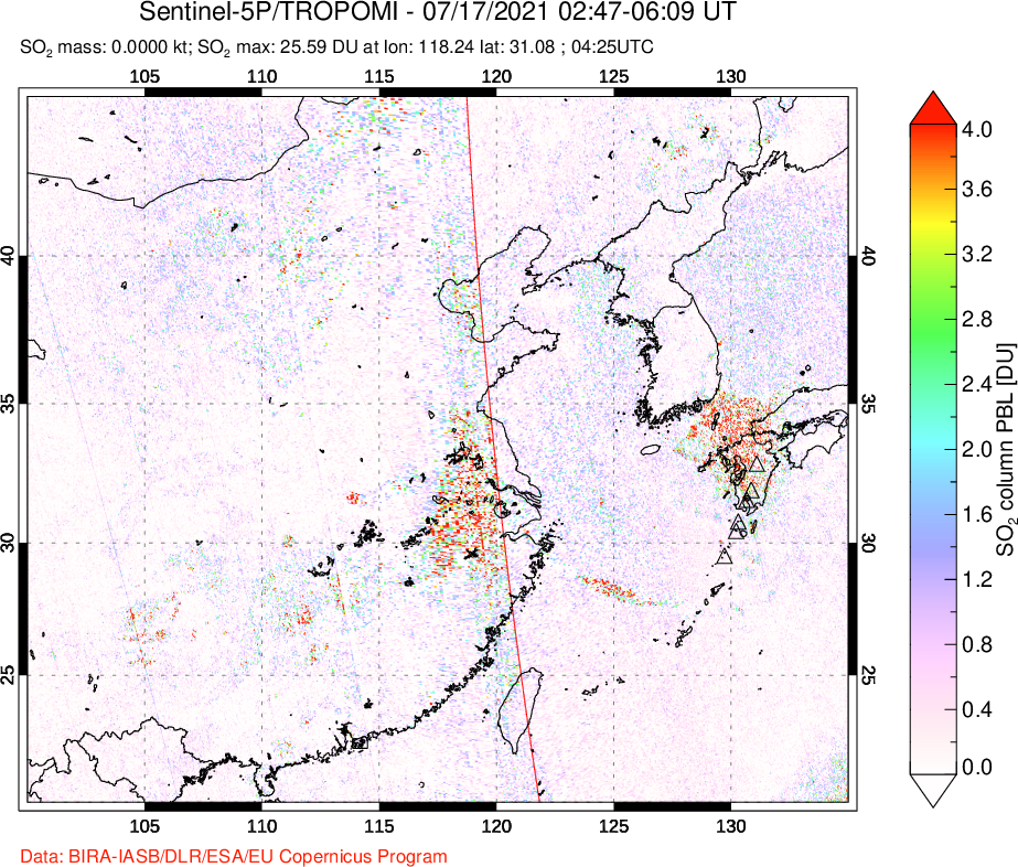 A sulfur dioxide image over Eastern China on Jul 17, 2021.