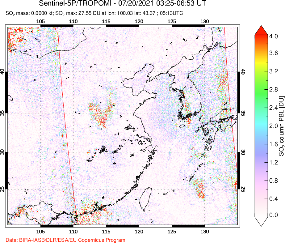 A sulfur dioxide image over Eastern China on Jul 20, 2021.