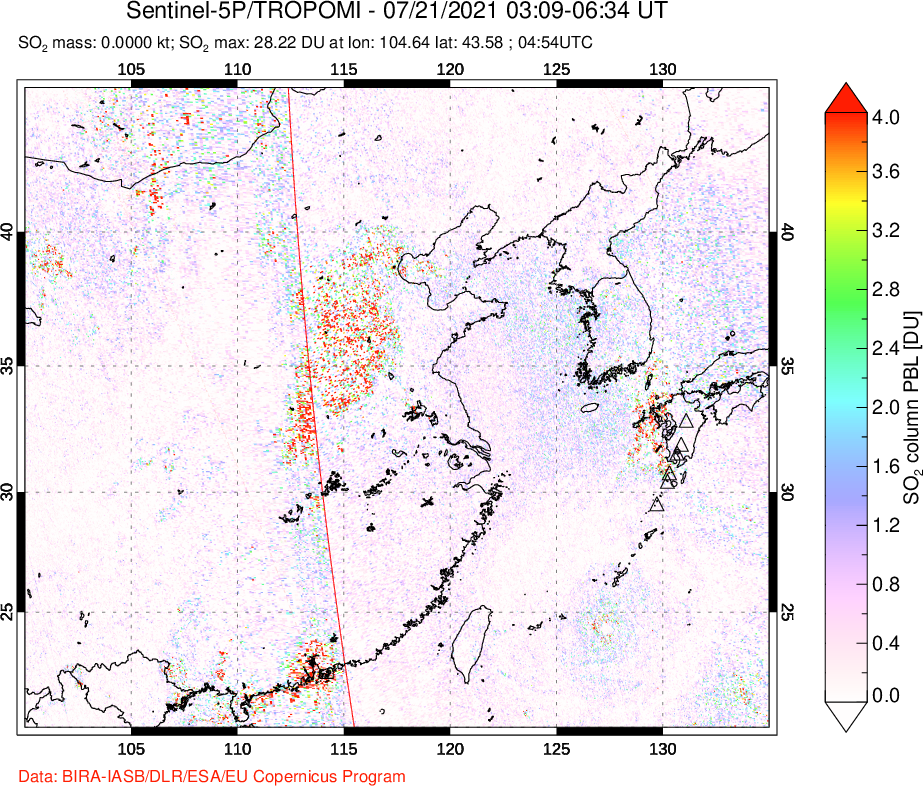 A sulfur dioxide image over Eastern China on Jul 21, 2021.