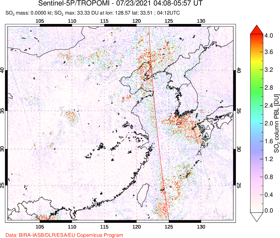 A sulfur dioxide image over Eastern China on Jul 23, 2021.
