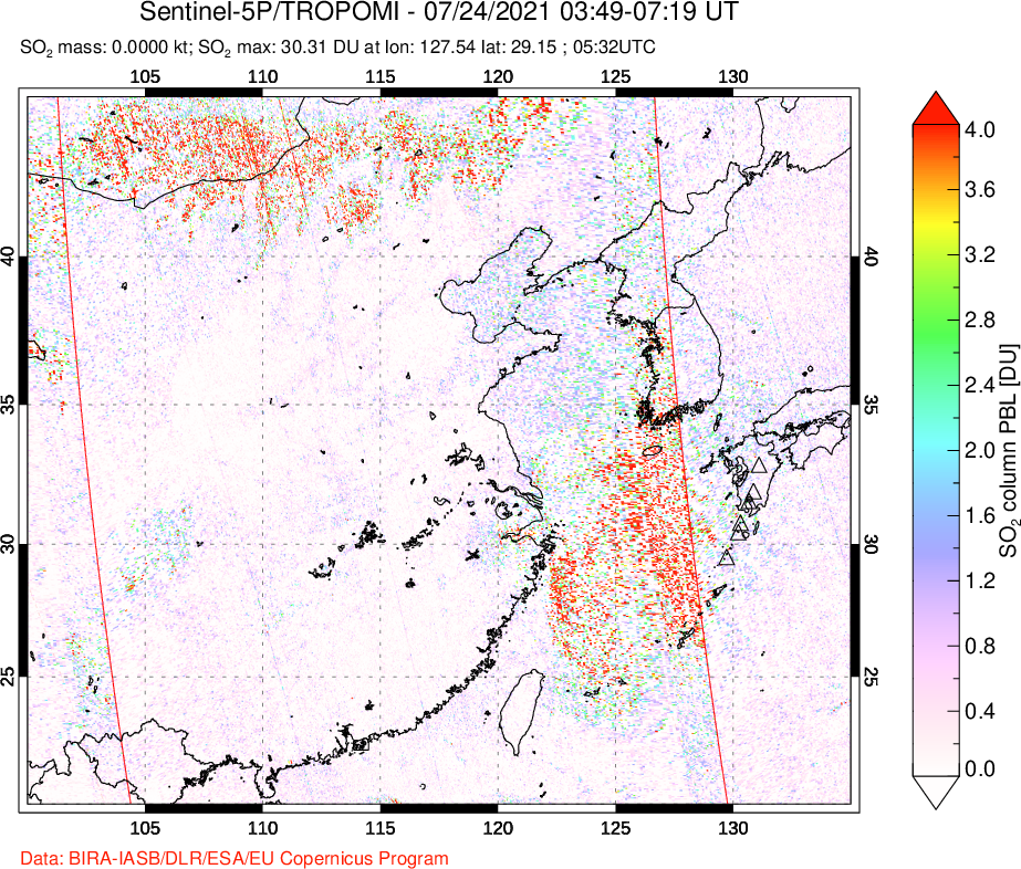 A sulfur dioxide image over Eastern China on Jul 24, 2021.
