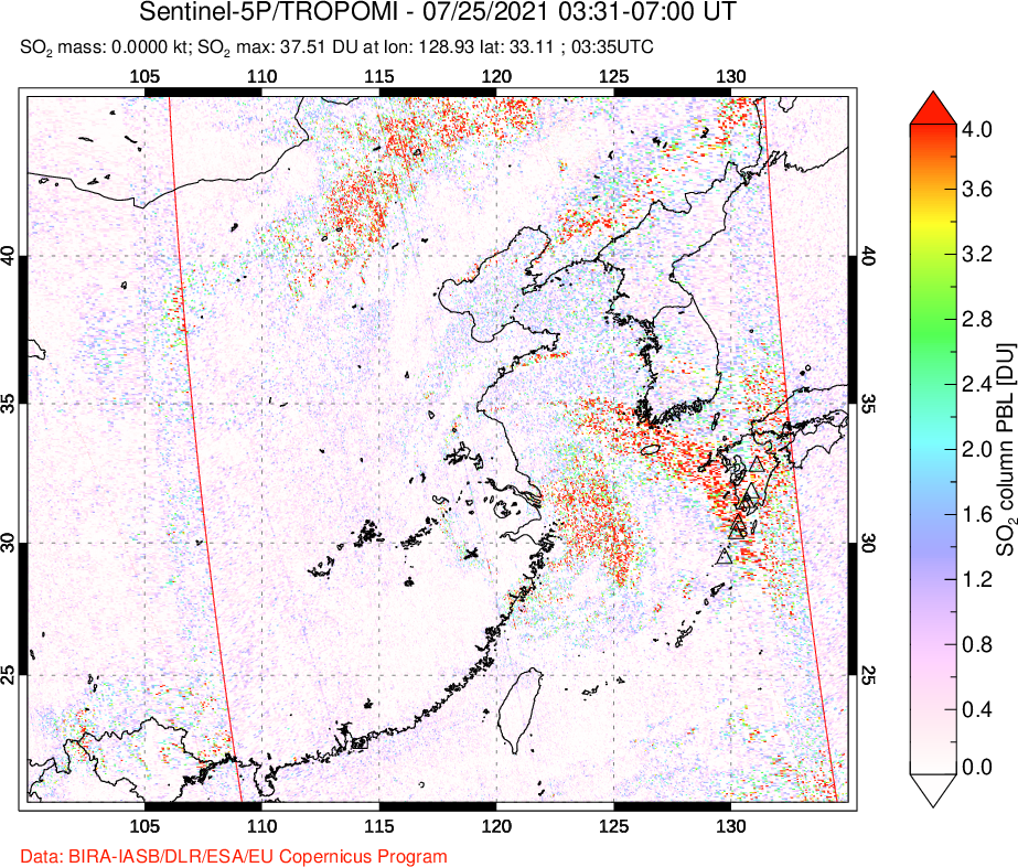A sulfur dioxide image over Eastern China on Jul 25, 2021.