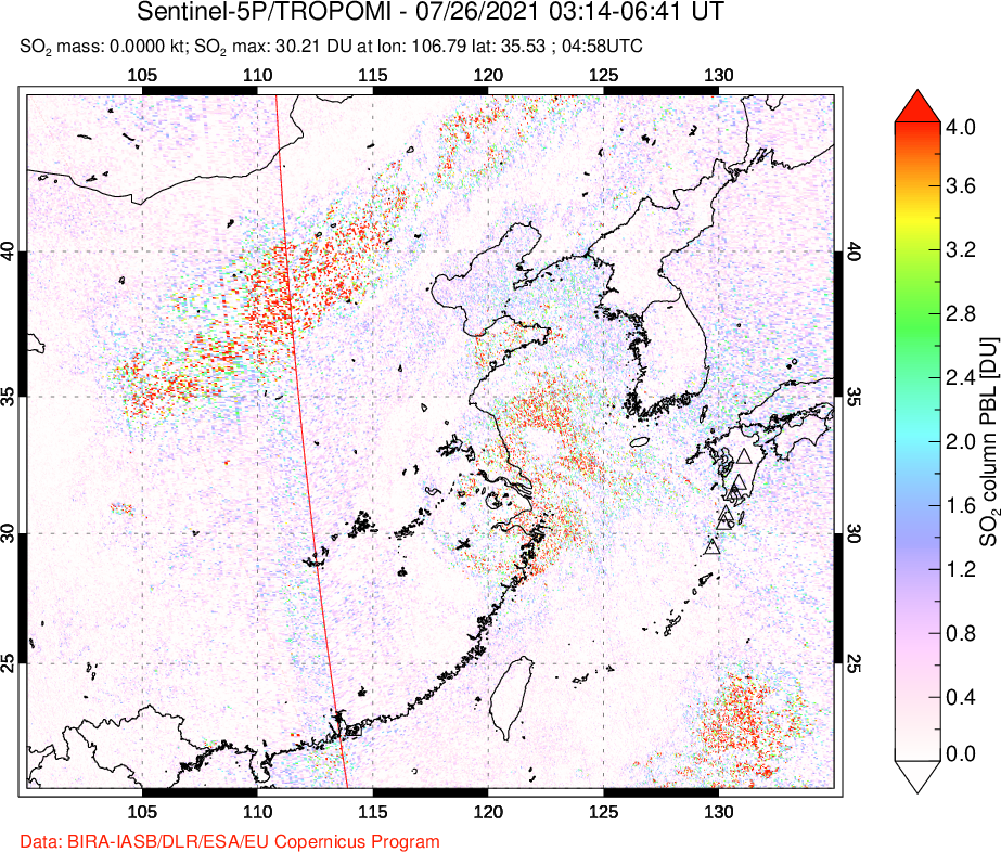 A sulfur dioxide image over Eastern China on Jul 26, 2021.