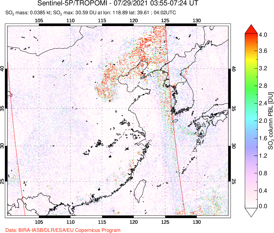 A sulfur dioxide image over Eastern China on Jul 29, 2021.