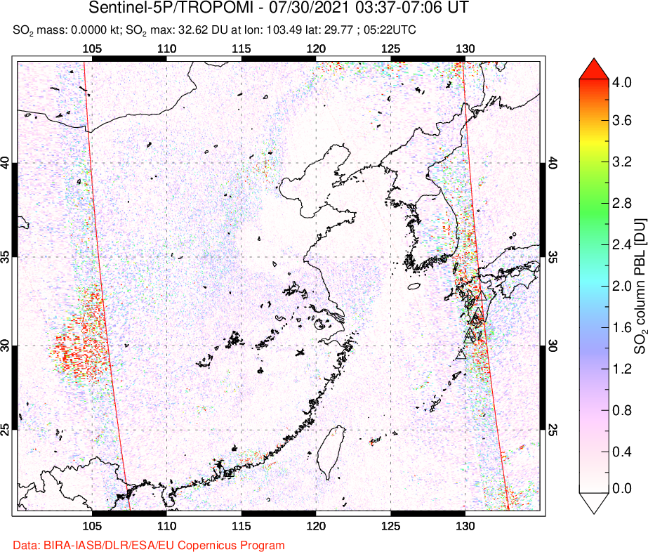 A sulfur dioxide image over Eastern China on Jul 30, 2021.