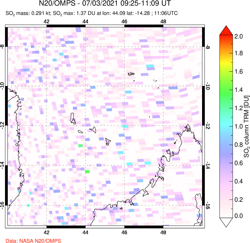 A sulfur dioxide image over Comoro Islands on Jul 03, 2021.