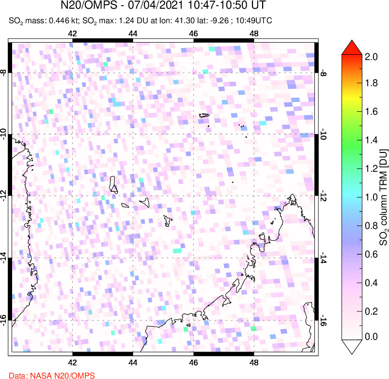 A sulfur dioxide image over Comoro Islands on Jul 04, 2021.