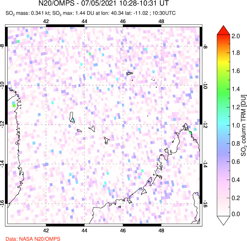 A sulfur dioxide image over Comoro Islands on Jul 05, 2021.