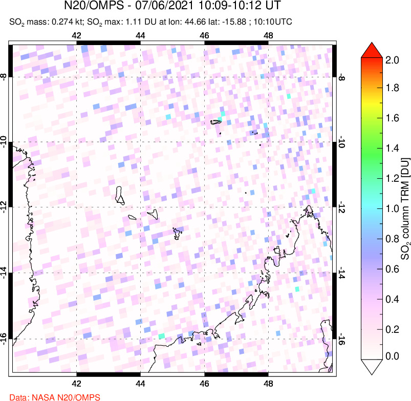 A sulfur dioxide image over Comoro Islands on Jul 06, 2021.