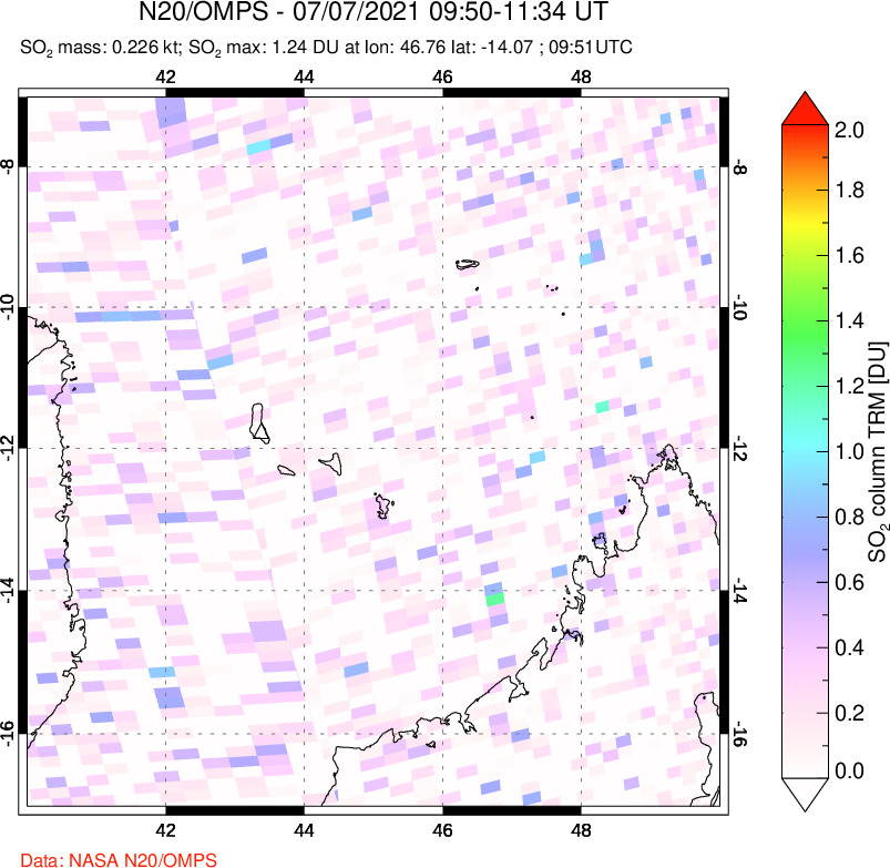 A sulfur dioxide image over Comoro Islands on Jul 07, 2021.