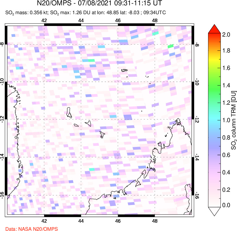 A sulfur dioxide image over Comoro Islands on Jul 08, 2021.
