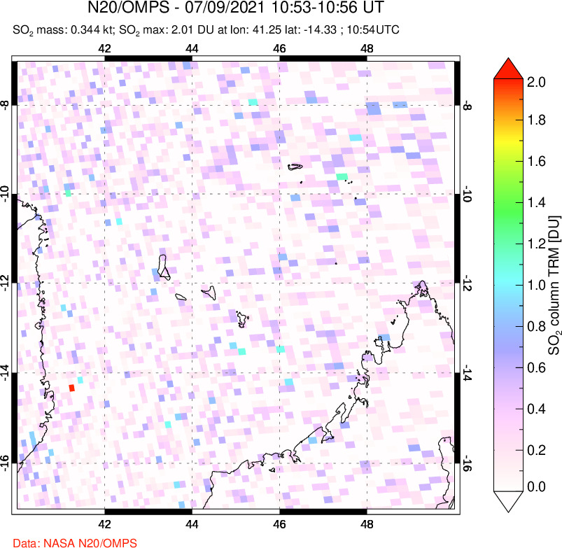 A sulfur dioxide image over Comoro Islands on Jul 09, 2021.