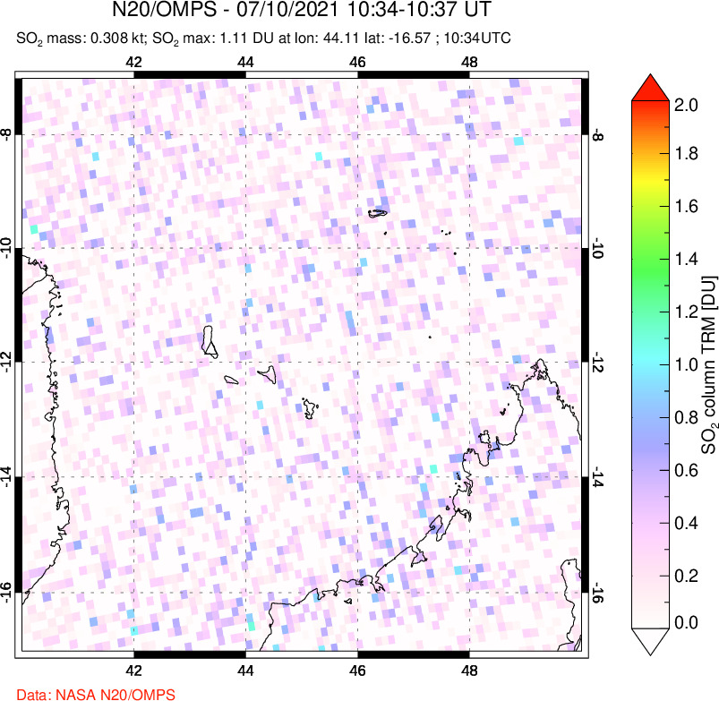 A sulfur dioxide image over Comoro Islands on Jul 10, 2021.
