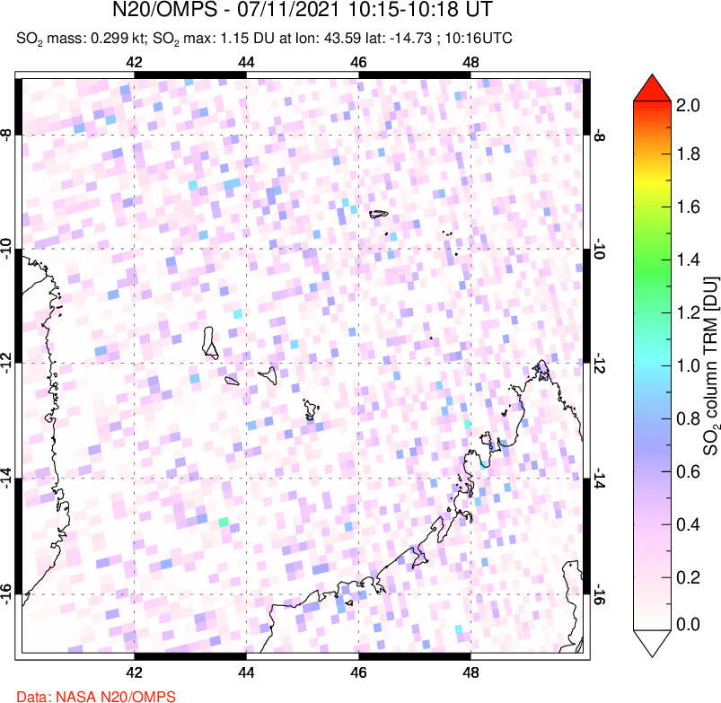 A sulfur dioxide image over Comoro Islands on Jul 11, 2021.