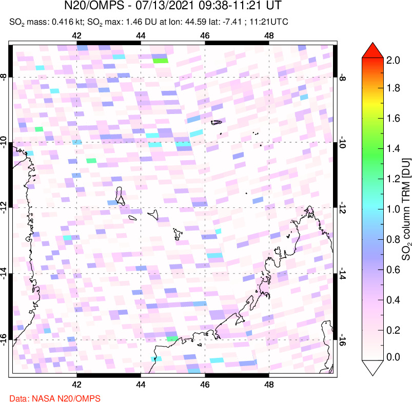 A sulfur dioxide image over Comoro Islands on Jul 13, 2021.