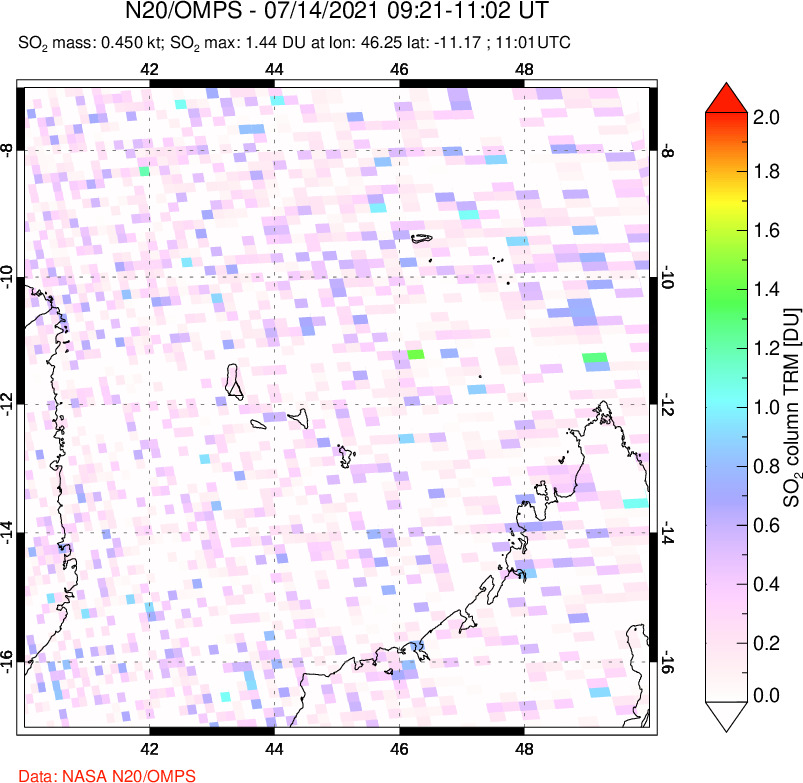 A sulfur dioxide image over Comoro Islands on Jul 14, 2021.