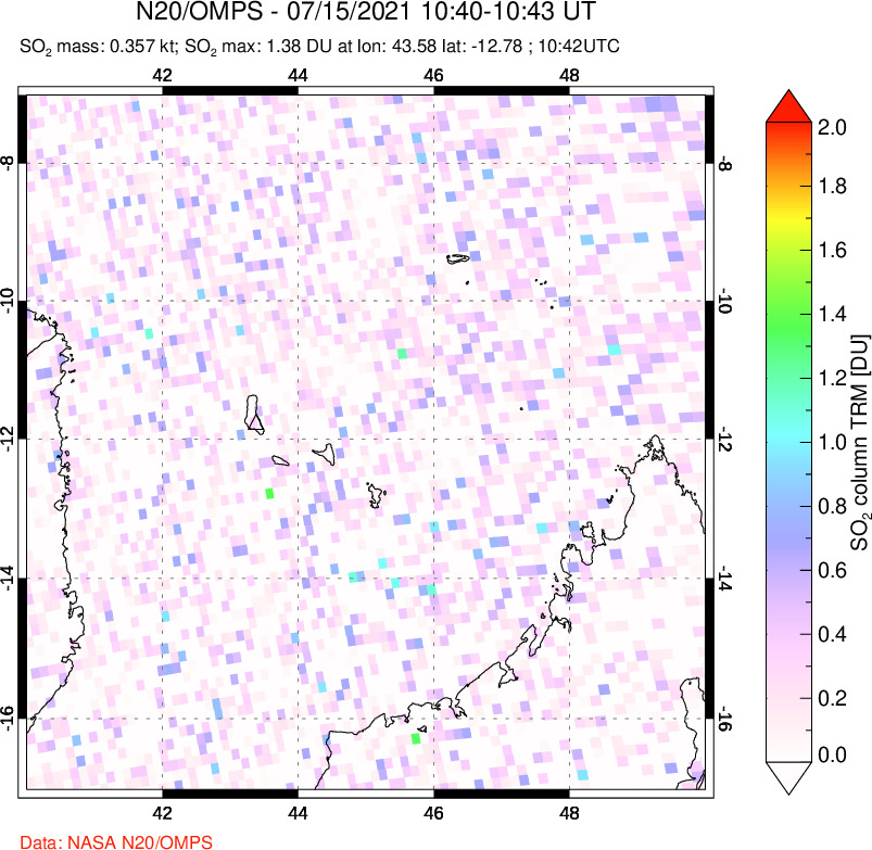 A sulfur dioxide image over Comoro Islands on Jul 15, 2021.