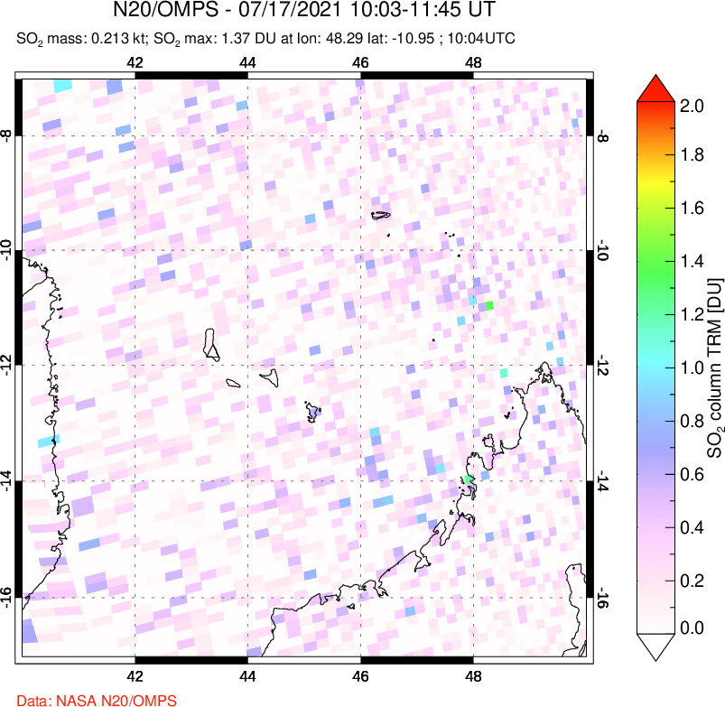 A sulfur dioxide image over Comoro Islands on Jul 17, 2021.