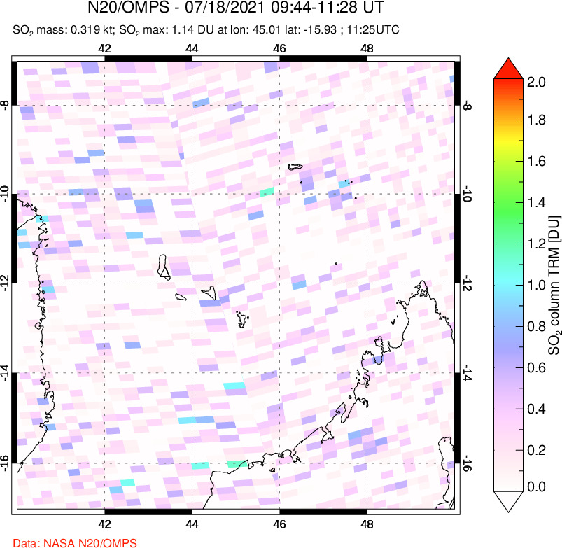 A sulfur dioxide image over Comoro Islands on Jul 18, 2021.