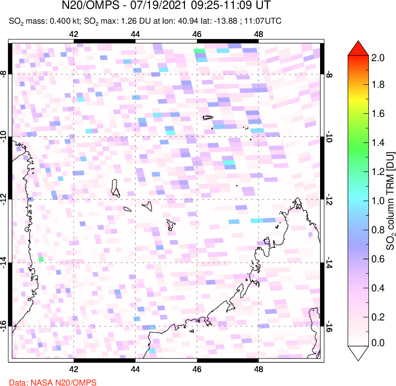A sulfur dioxide image over Comoro Islands on Jul 19, 2021.
