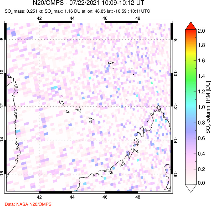 A sulfur dioxide image over Comoro Islands on Jul 22, 2021.