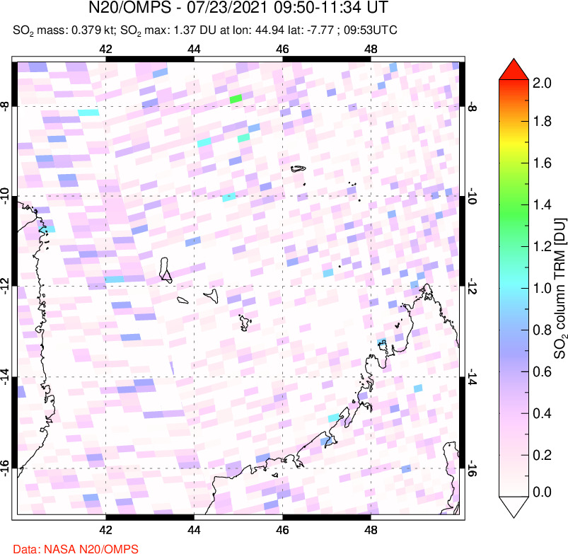 A sulfur dioxide image over Comoro Islands on Jul 23, 2021.