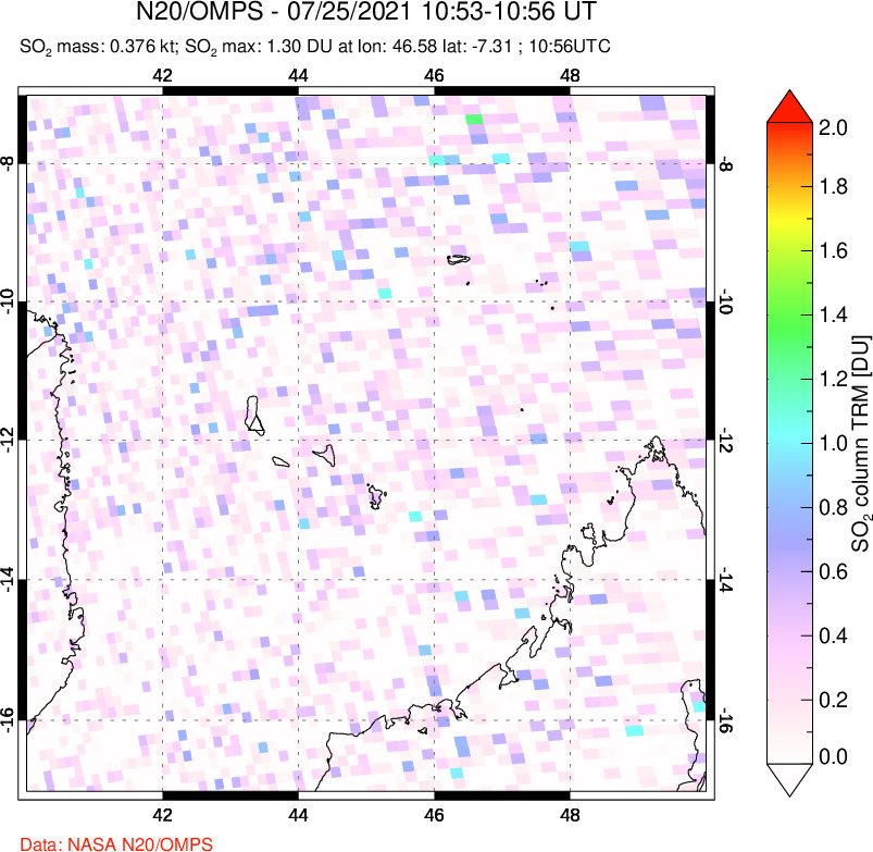 A sulfur dioxide image over Comoro Islands on Jul 25, 2021.