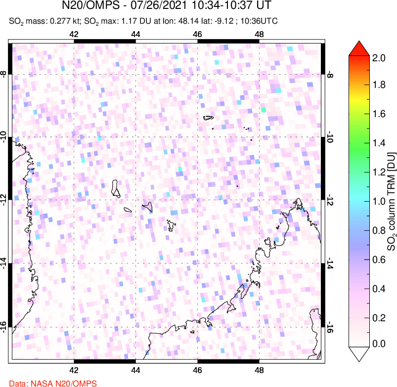 A sulfur dioxide image over Comoro Islands on Jul 26, 2021.