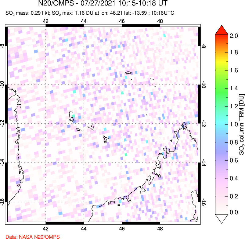 A sulfur dioxide image over Comoro Islands on Jul 27, 2021.