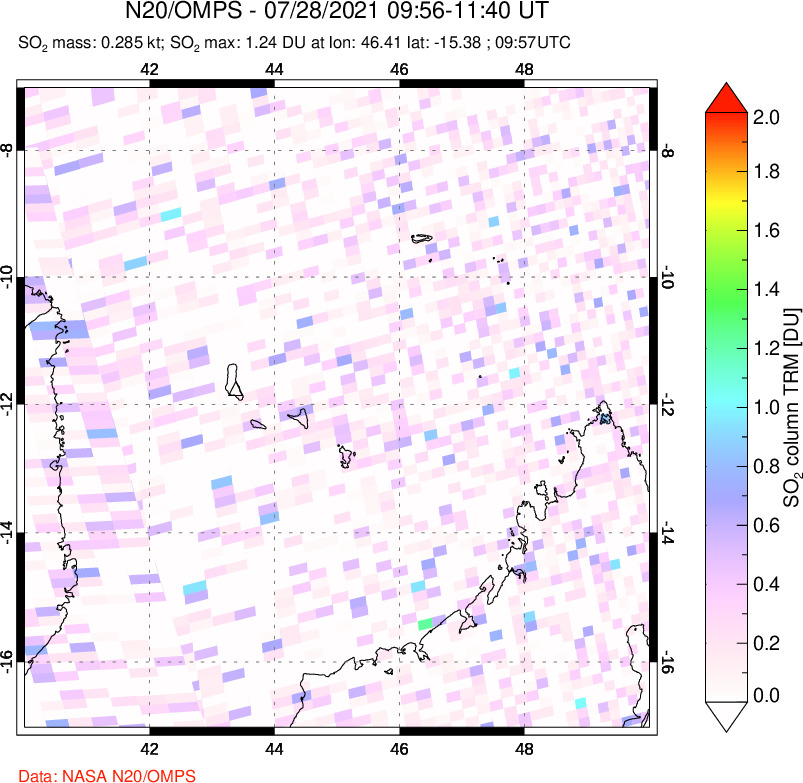 A sulfur dioxide image over Comoro Islands on Jul 28, 2021.