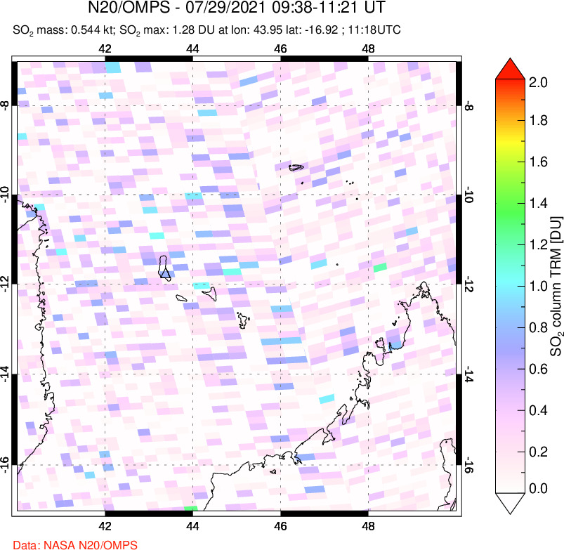 A sulfur dioxide image over Comoro Islands on Jul 29, 2021.