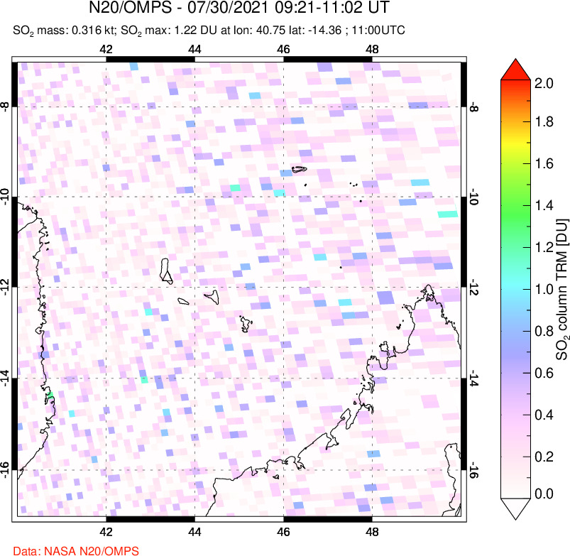A sulfur dioxide image over Comoro Islands on Jul 30, 2021.