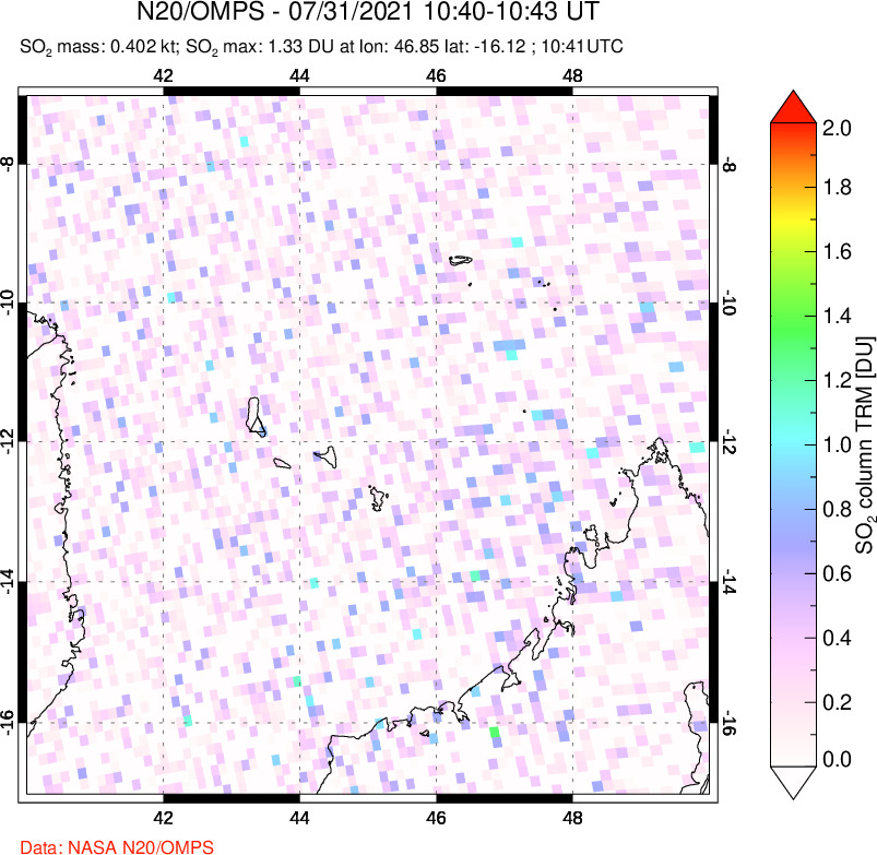 A sulfur dioxide image over Comoro Islands on Jul 31, 2021.