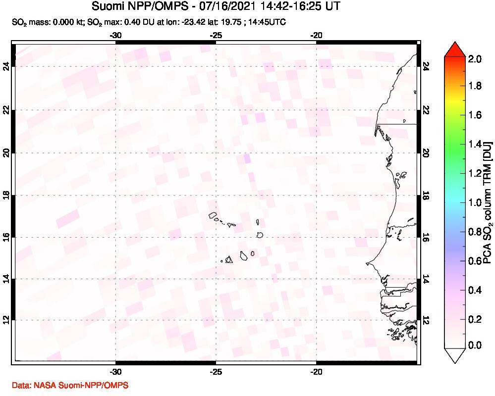 A sulfur dioxide image over Cape Verde Islands on Jul 16, 2021.