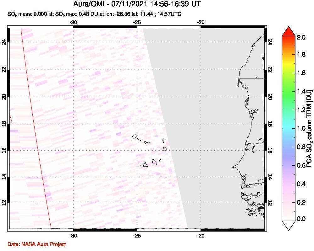 A sulfur dioxide image over Cape Verde Islands on Jul 11, 2021.