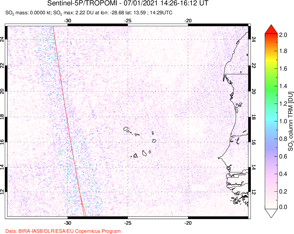 A sulfur dioxide image over Cape Verde Islands on Jul 01, 2021.