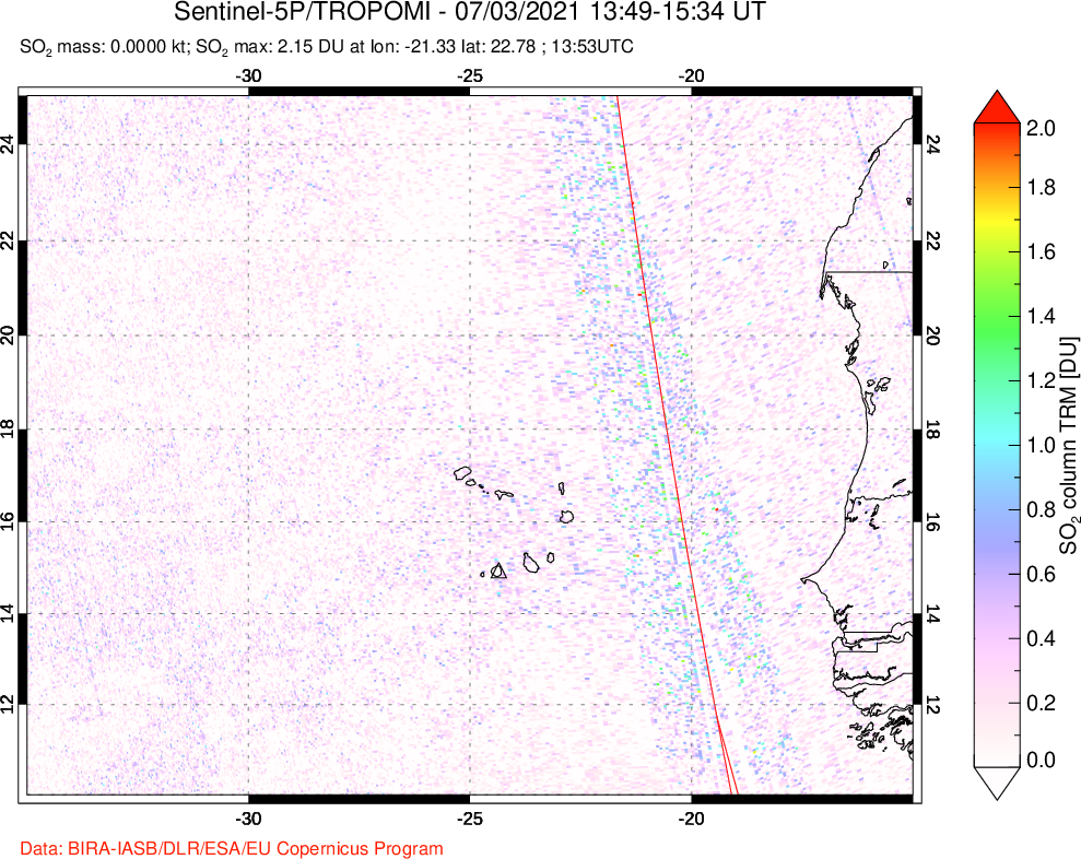 A sulfur dioxide image over Cape Verde Islands on Jul 03, 2021.