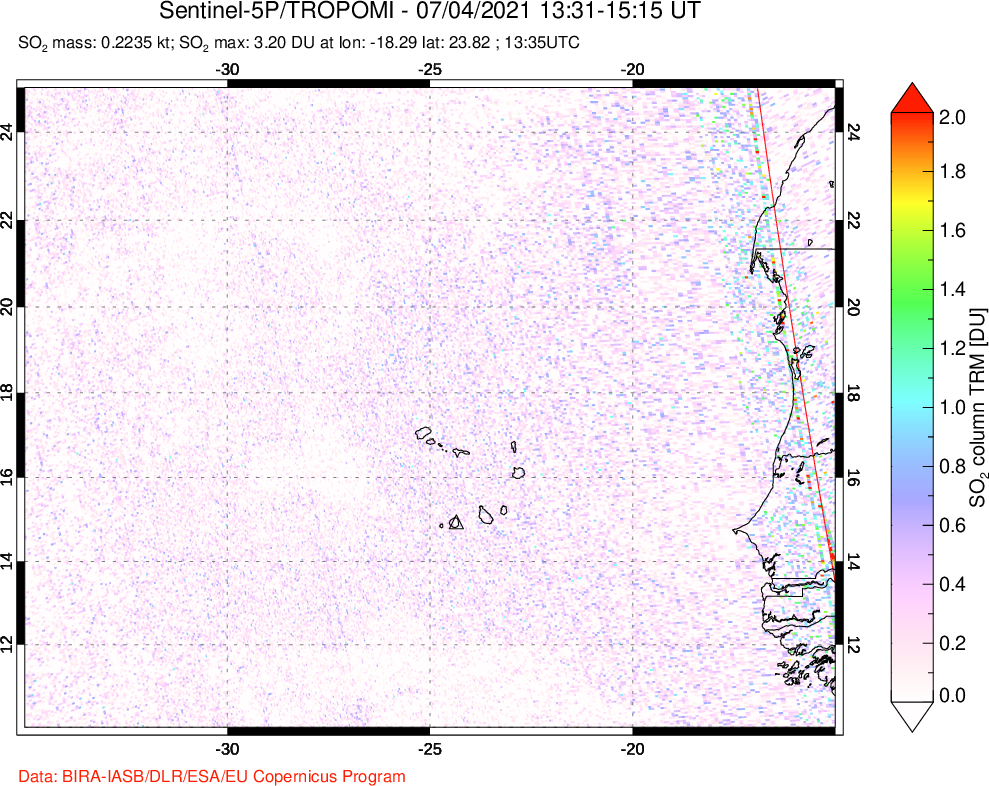 A sulfur dioxide image over Cape Verde Islands on Jul 04, 2021.