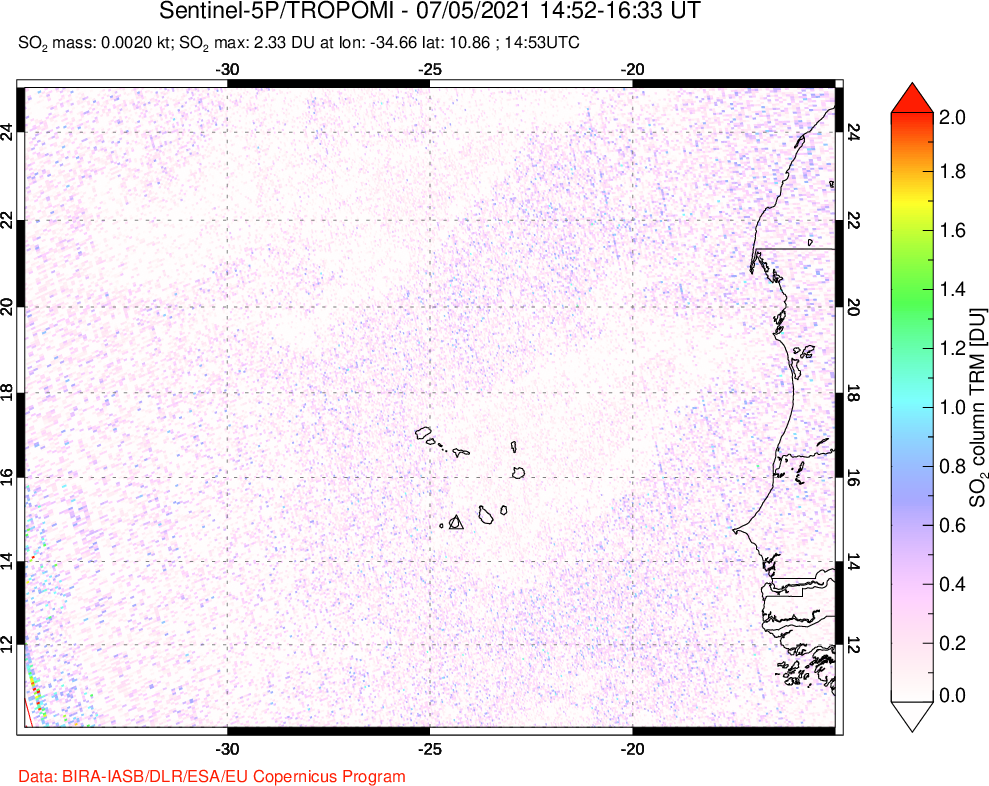 A sulfur dioxide image over Cape Verde Islands on Jul 05, 2021.