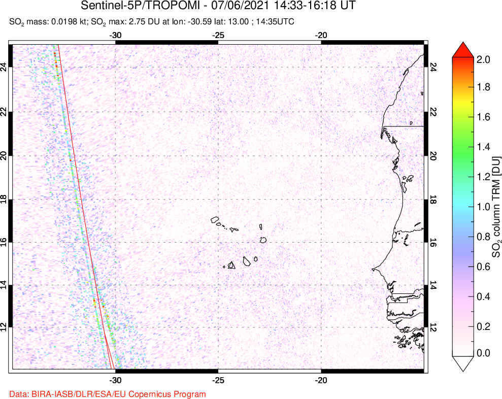 A sulfur dioxide image over Cape Verde Islands on Jul 06, 2021.