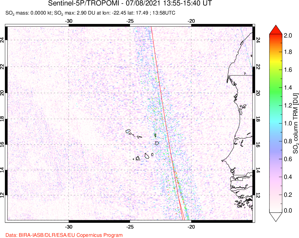 A sulfur dioxide image over Cape Verde Islands on Jul 08, 2021.