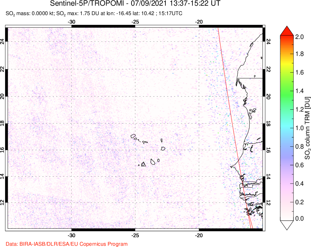 A sulfur dioxide image over Cape Verde Islands on Jul 09, 2021.