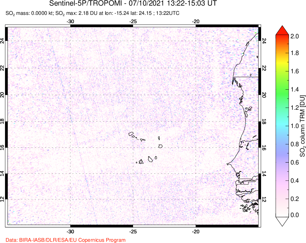 A sulfur dioxide image over Cape Verde Islands on Jul 10, 2021.