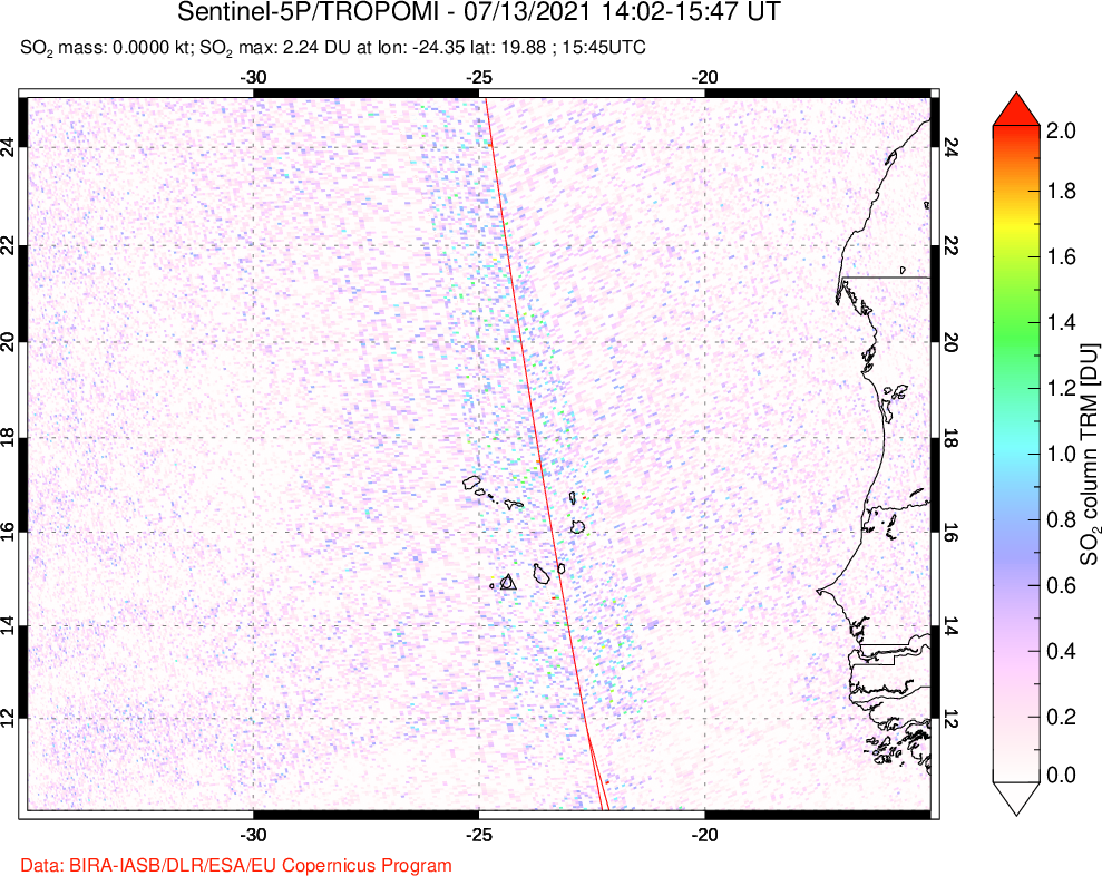 A sulfur dioxide image over Cape Verde Islands on Jul 13, 2021.
