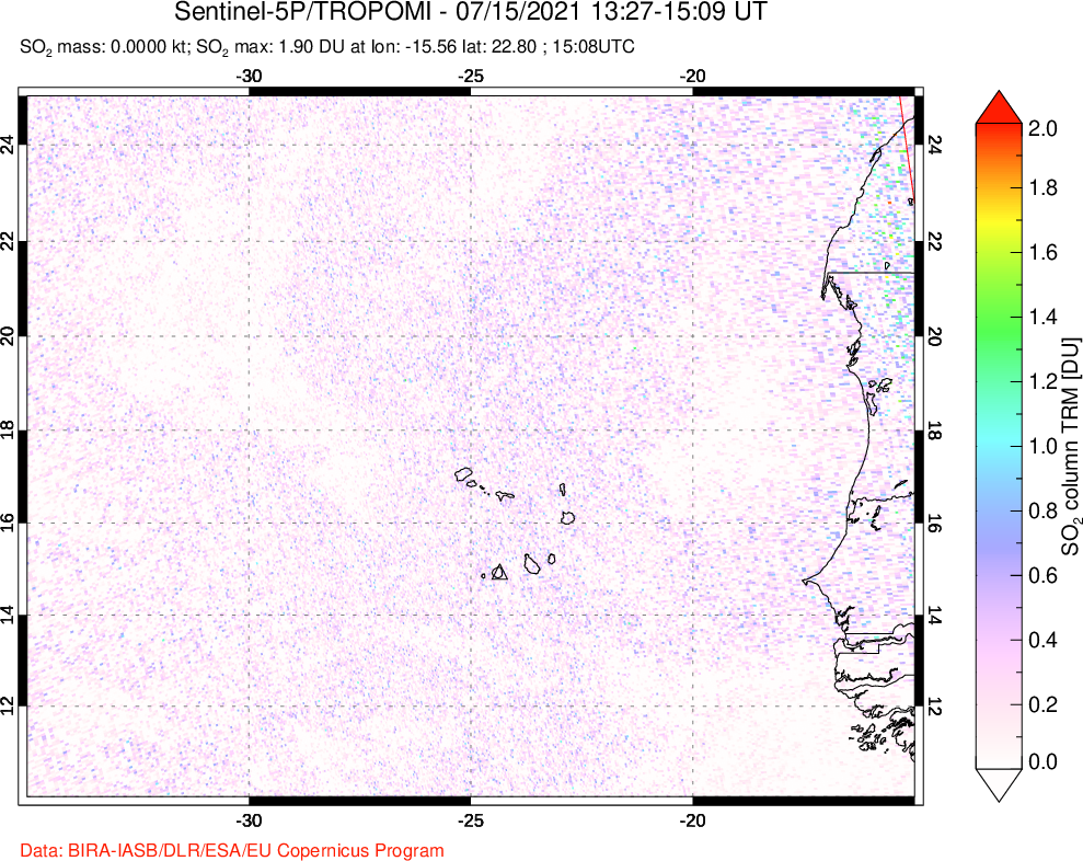 A sulfur dioxide image over Cape Verde Islands on Jul 15, 2021.